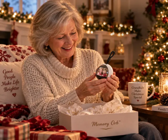 Grandmother smiling as she opens a Memory Orb Christmas gift
